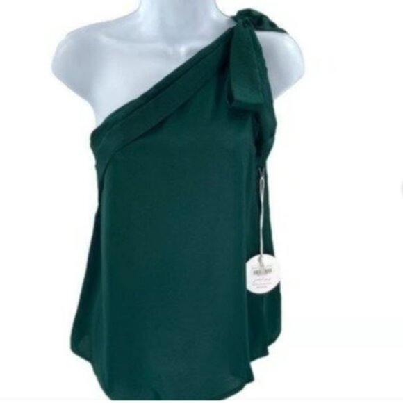 Maryanne One Shoulder Satin Top in Hunter Green Size L - Picture 2 of 4